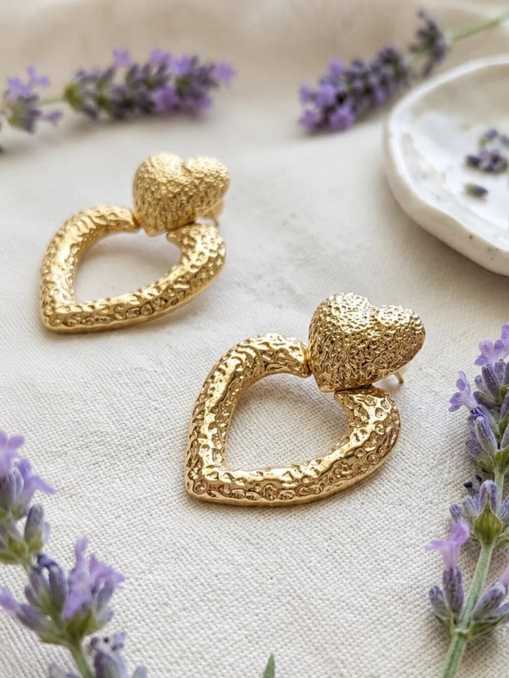18K Gold Plated SS Coquette Mob Wife Double Heart Hammered Statement Studs 1.9in